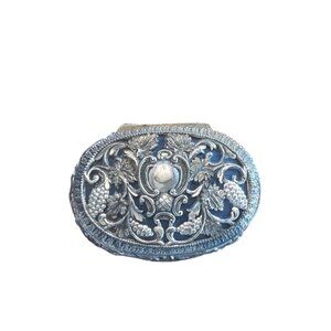 Vintage Silver Toned Embossed Grapevine Footed Jewelry Trinket Box Blue Velvet